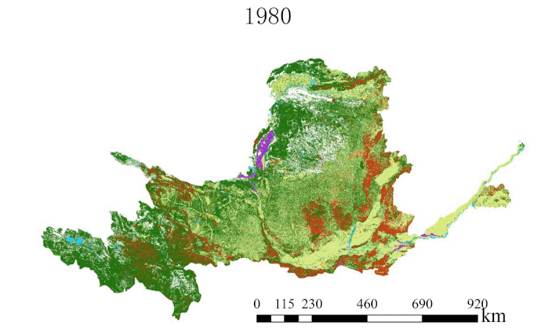 1980至2015年黃河土地利用的空間分布,，草地,、林地和旱地是流域內(nèi)的主要土地利用類型，城鄉(xiāng)用地增加最為顯著