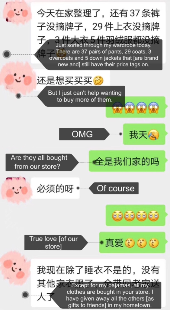 11月11日之前,，一位忠實(shí)的顧客和店鋪客服的在線對話,，這個日子被中國的在線零售巨頭成功打造成了購物的狂歡節(jié)。盡管衣櫥中還有'37條褲子,、29件上衣,、3件大衣,、5件羽絨服'是嶄新的,，甚至價格牌都沒摘去，他（她）還是忍不住想購買更多,。來源：匿名